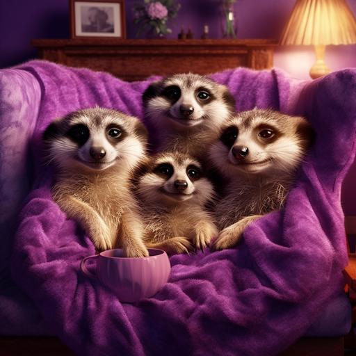 3 cute meerkats sitting in a cozy cute living room on a violet sofa, in a warm atmosphere, snuggled together, smiling happily, photorealistic style