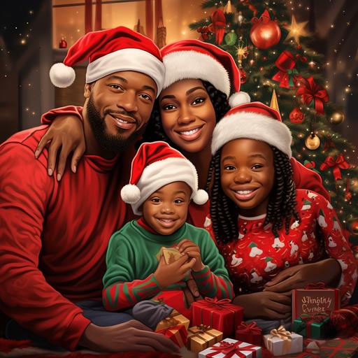create african american hyper realistic cartoon family dad mom daughter and son all wearing matching pajamas and each wearing santa hats sitting in front of the christmas tree that is grinch theme christmas lights decoration in the background there is a fire place next to the christmas tree zoom out view there is a window in the back you're able to see the stars and moon