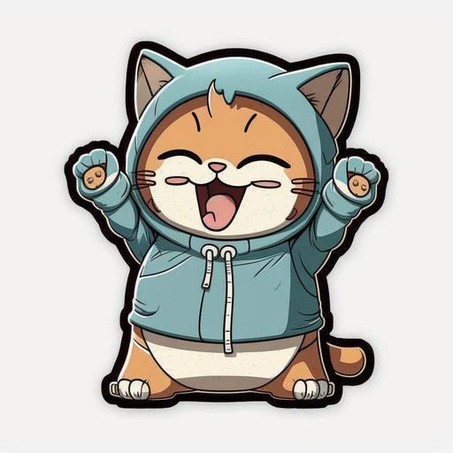 sticker::4 cute happy kawaii cat wearing hoodie cartoon style, smiley face, laughing hard, cartoon Very deformed characters, seamless background, cute, deformed, contour, vibrant, vector, white background::4 --s 250 --q 2 --v 4