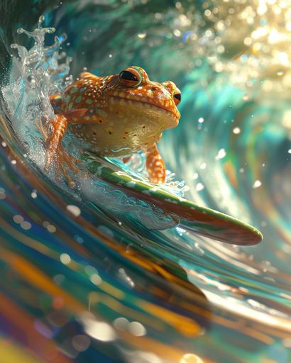 4D Surfing Pacman Frog on a Dynamic Wave Canvas by MegUSN1: Visualize a computer wallpaper showcasing a 4D-rendered Pacman Frog character surfing on a vibrant, dynamically animated wave. The amphibian, with its large, round shape and striking green and brown hues, is depicted skillfully navigating a colorful, cartoon-style wave. The 4D effect adds a sense of movement and depth to the wave, making the surfing scene come to life. The background combines digital art with a lively animation style, enhancing the playful and adventurous spirit of the Pacman Frog. The contrast of the frog's bold colors against the lively wave creates a fun, energetic, and striking visual. Prompt created by MegUSN1, M A Aguilar --ar 4:5 --v 6.0 --s 250 --style raw