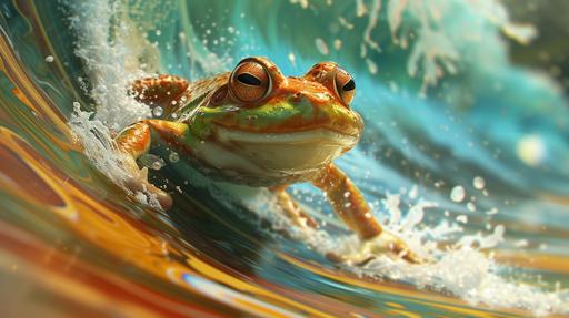 4D Surfing Pacman Frog on a Dynamic Wave Canvas by MegUSN1: Visualize a computer wallpaper showcasing a 4D-rendered Pacman Frog character surfing on a vibrant, dynamically animated wave. The amphibian, with its large, round shape and striking green and brown hues, is depicted skillfully navigating a colorful, cartoon-style wave. The 4D effect adds a sense of movement and depth to the wave, making the surfing scene come to life. The background combines digital art with a lively animation style, enhancing the playful and adventurous spirit of the Pacman Frog. The contrast of the frog's bold colors against the lively wave creates a fun, energetic, and striking visual. Prompt created by MegUSN1, M A Aguilar --ar 16:9 --v 6.0 --s 250 --style raw