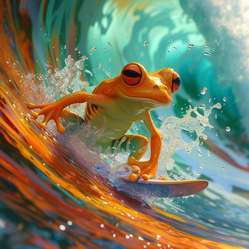 4D Surfing Pacman Frog on a Dynamic Wave Canvas by MegUSN1: Visualize a computer wallpaper showcasing a 4D-rendered Pacman Frog character surfing on a vibrant, dynamically animated wave. The amphibian, with its large, round shape and striking green and brown hues, is depicted skillfully navigating a colorful, cartoon-style wave. The 4D effect adds a sense of movement and depth to the wave, making the surfing scene come to life. The background combines digital art with a lively animation style, enhancing the playful and adventurous spirit of the Pacman Frog. The contrast of the frog's bold colors against the lively wave creates a fun, energetic, and striking visual. Prompt created by MegUSN1, M A Aguilar --ar 1:1 --v 6.0 --s 250 --style raw