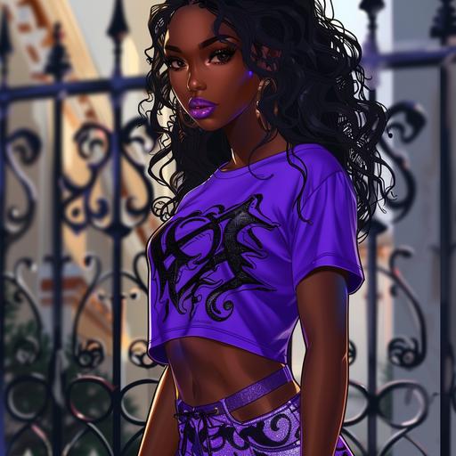 4K HD professional 3000pl close up of a 2D photorealistic cartoon style image of an African American woman. She has purple and black assymetric. Art deco clothing Black tshirt with beautiful purple glitter lip. with purple glitter. Purple ripped leggins and purple, black and white Jordans outside standing by a gate. sunny day