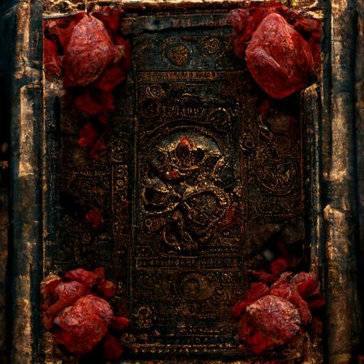 4K, detailed antique quality, hyperreal, textured, real detail, photorealistic, photographic, intricate detail, vivid textures, Red, liver-stained rosebuds holding an ancient medieval oso scroll in a gloomy castle. the book is filled with ancient faded yellow parchment illustrations of medieval angels and ancient gnomes, scary medieval books, spooky, gloomy, cold and dull earth tones
