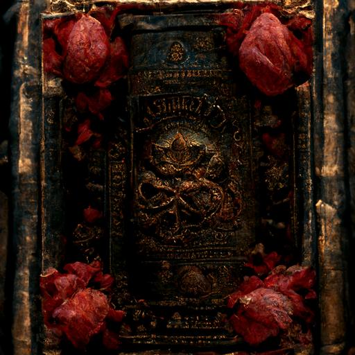 4K, detailed antique quality, hyperreal, textured, real detail, photorealistic, photographic, intricate detail, vivid textures, Red, liver-stained rosebuds holding an ancient medieval oso scroll in a gloomy castle. the book is filled with ancient faded yellow parchment illustrations of medieval angels and ancient gnomes, scary medieval books, spooky, gloomy, cold and dull earth tones