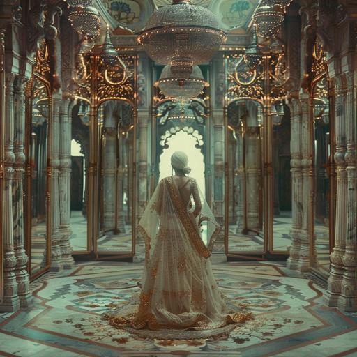 4K photo with an old film charm, grainy and sprinkled with dust specks. In the heart of an ornate hall of mirrors with a fractal design inspired by Indian Mughal architecture, a 97-year-old 'earth mother' woman takes center stage. Her attire, reminiscent of traditional Indian wear, speaks of ancient Indian tales. The mirrors, adorned with delicate Indian floral patterns and peacock motifs, glow in diverse colors, reminiscent of Indian rangoli. Each mirror captures her at various stages of her life, with all reflections observing her central figure, consistently donned in the same traditional Indian dress.