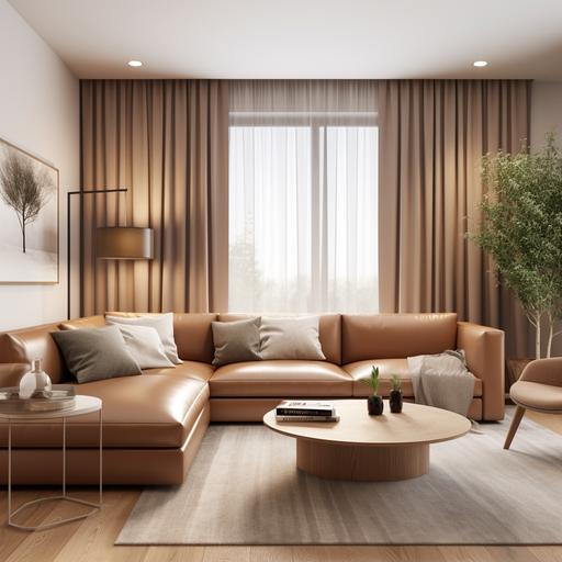 4K professional Interior design of a living room, modern style, bright lighting, brown leather furniture, three seater sofa, two seater sofa, rectangular center table, pastel brown color curtains, white sheer curtains