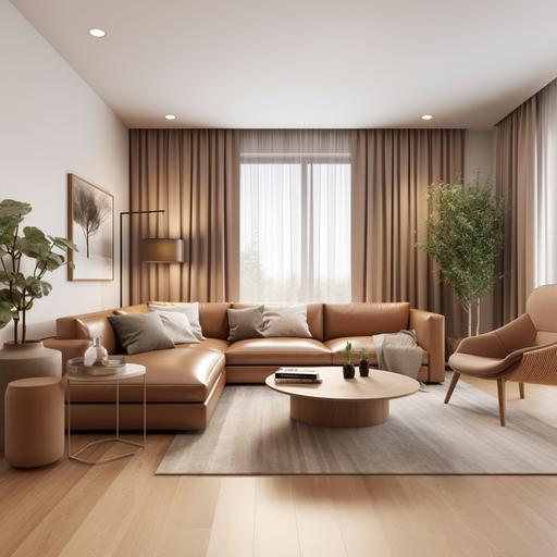 4K professional Interior design of a living room, modern style, bright lighting, brown leather furniture, three seater sofa, two seater sofa, rectangular center table, pastel brown color curtains, white sheer curtains