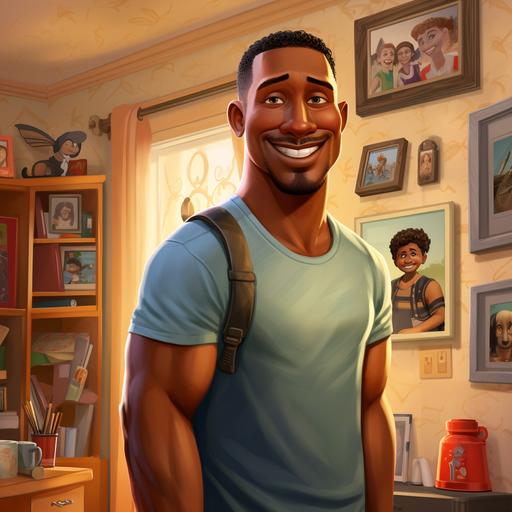 4d Pixar Disney Illustration dream like of a very handsome 35 year old Dad black eyes and black complexion skin , faded hair with alot of grey in it , casual clothes ,standing in his beautiful family living room listening to Jazz music smiling and singing , there are family photos of his african american grandparents on the wall , kids backpacks and shoes are by the front door ,,multiple expressions and poses, - high detail- various angles