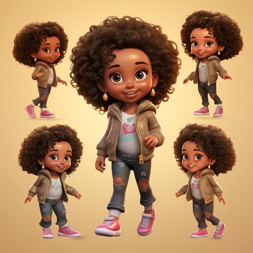4d disney pixar dream like illustration of a cute beautiful 5 yr. old african american girl with soft eyes , caramel color skin her hair the shade of sable in big afro puffs hair style . jeans and sparkly shoes . Exuding joy and excitment, children's book, high detail , twinkle in her eye. Multi angles and poses , facial expressions, - character sheet