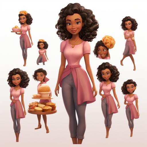 4d dreamlike Disney Illustration (image style) of a beautiful African american mom ,tall, 29 year , wavy hair, dark brown skin tone, dressed imodest with standing with pancakes , full of grace and taste, ,shoes, full of joy, very detailed, multiple expressions and various poses, character sheet - Image