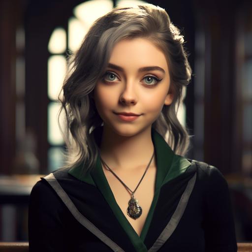 4k detailed masterpiece image as a Slytherin witch. Confident, smirk, wearing a chocker with a small silver snake pin. The background is the interior of Hogwarts library