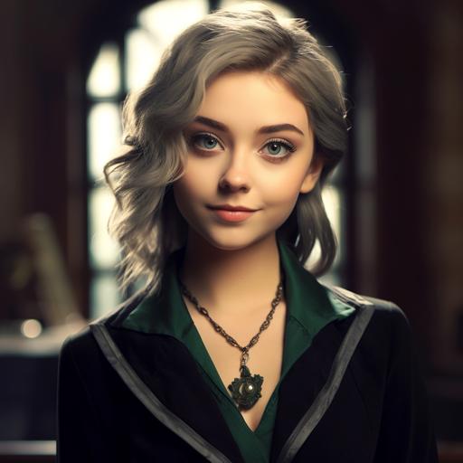 4k detailed masterpiece image as a Slytherin witch. Confident, smirk, wearing a chocker with a small silver snake pin. The background is the interior of Hogwarts library