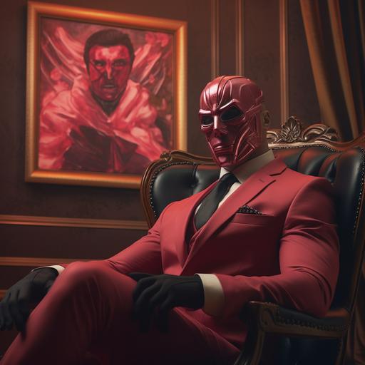 4k hi Def. A red ruby picture frame with a painting of a strong muscular business man wearing a bauta mask.