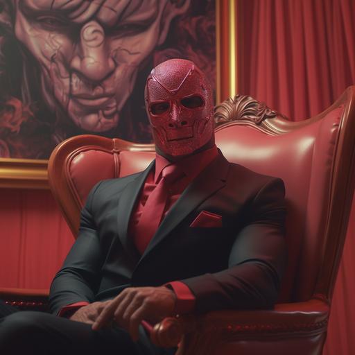 4k hi Def. A red ruby picture frame with a painting of a strong muscular business man wearing a bauta mask.