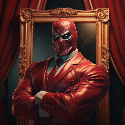 4k hi Def. A red ruby picture frame with a painting of a strong muscular business man wearing a bauta mask.