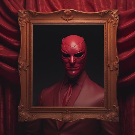 4k hi Def. A red ruby picture frame with a painting of a strong muscular business man wearing a bauta mask.