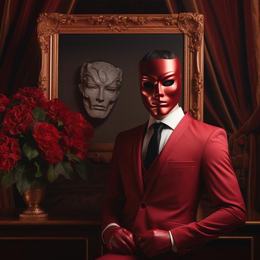 4k hi Def. A red ruby picture frame with a painting of a strong muscular business man wearing a bauta mask.