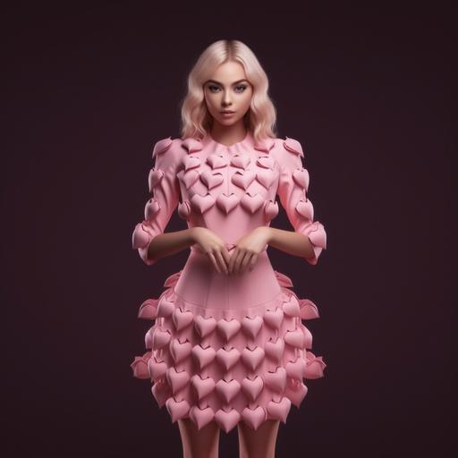 4k high quality, dress on model, short dress, cute, casual, pink, heart cut out at center front chest, 3d hearts made of fabric on sleeves, layered pleated skirt, blond