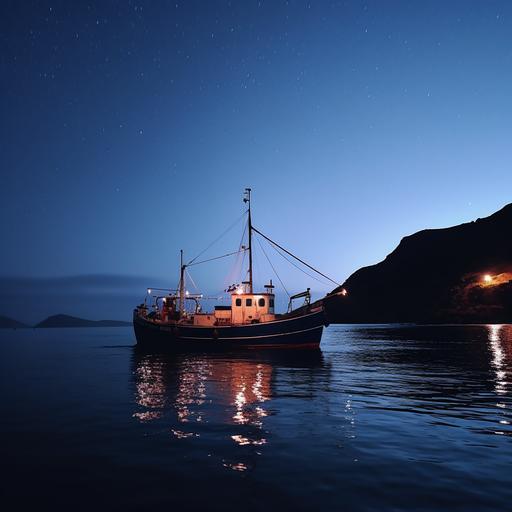 4k photo of a typical ship of the cantabrian sea in the north of spain setting sail towards the sea from land with a calm sea and at night with the first flashes of daylight. The sky is cloudless and the last stars are visible.
