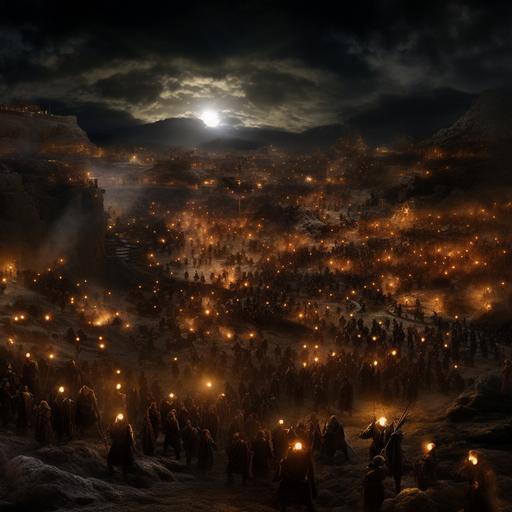 4k photograph in a very distant shot of the biblical story depicting Gideon's 300 men who defeated 135,000 Midianites during the night using only a jar, a torch, and a trumpet