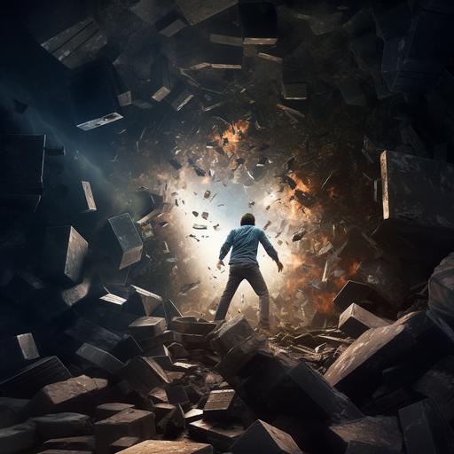 4k, ultra-realistic, high resolution, high detail, ray tracing, Dynamic image of a person breaking through a wall, with debris flying, signifying the breakthrough after overcoming a significant setback