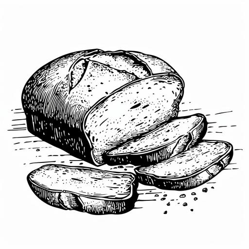 4w linocut style, farm sourdough bread cut and slices, isolated, black and white image, white background