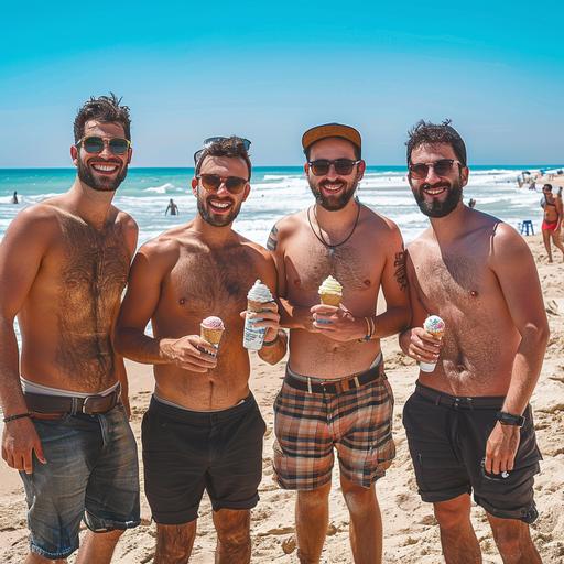 5 Israeli men around 25 years old holding ice cream on the beach with no ti shirt on and smiling on a sunny day