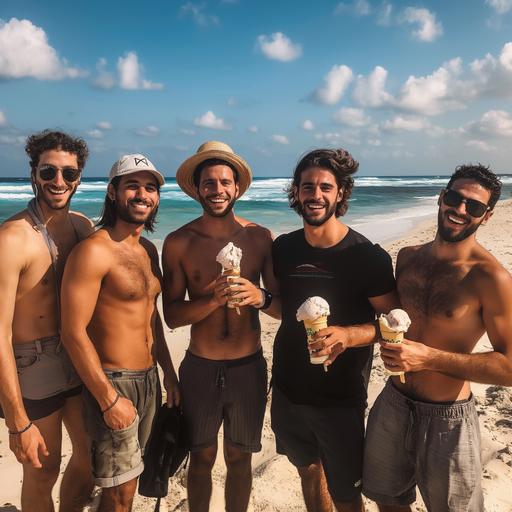5 Israeli men around 25 years old holding ice cream on the beach with no ti shirt on and smiling on a sunny day --v 6.0