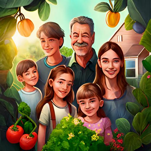 5 family members with beautiful attractive faces, growing plants in 50 HDPE grow bags with a lot of trees in the back ground in the beautiful and awesome home garden, high resolution, in sunlight, many vegetables, fruits, beautiful flowers grown