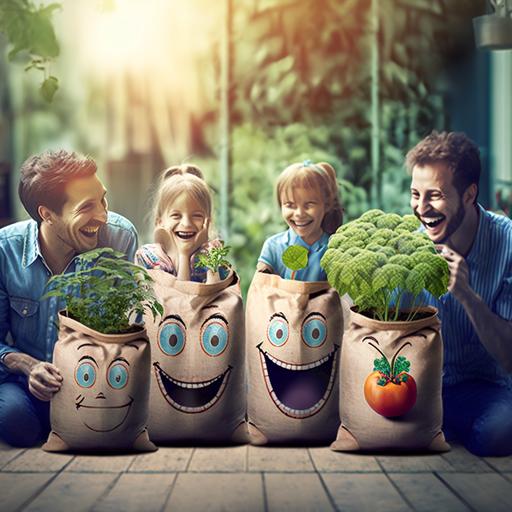 5 family members with smiling face, growing plants in 50 HDPE grow bags with lot of trees in the back ground in the home garden, high resolution, in sunlight, many vegetables, fruits grown