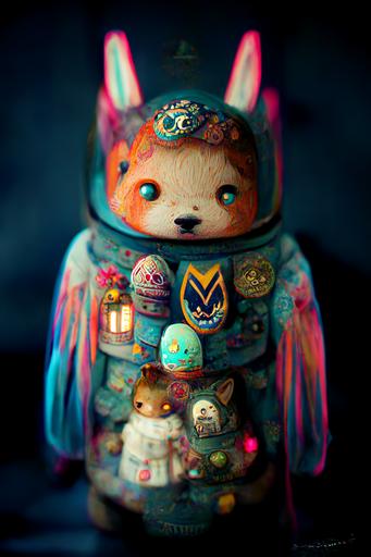 5 layer cosmonaut fox nesting doll, twilight, victorian, wearing fancy medals, Butterfly wings, Miniature Faking, Long Exposure, Light Blur, Electric Colors, Evil, Lumen Reflections, insanely detailed and intricate, hypermaximalist, elegant, ornate, hyper realistic, super detailed, brown aqua pink yellow blue colors  --q 5 --s 2500 --ar 5:7