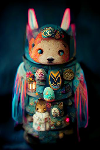 5 layer cosmonaut fox nesting doll, twilight, victorian, wearing fancy medals, Butterfly wings, Miniature Faking, Long Exposure, Light Blur, Electric Colors, Evil, Lumen Reflections, insanely detailed and intricate, hypermaximalist, elegant, ornate, hyper realistic, super detailed, brown aqua pink yellow blue colors  --q 5 --s 2500 --ar 5:7