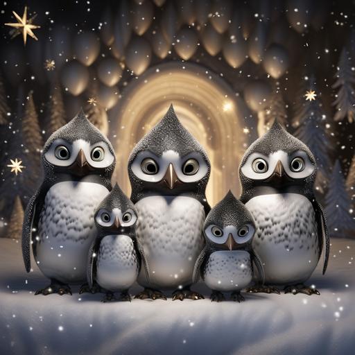 5 small Penquins with luminous large eyes with extraordinary brilliantly ornate plumage in a winter wonderland - ar 16:9