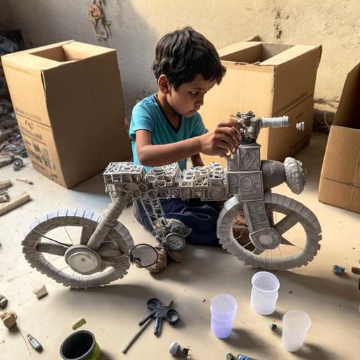 5 year old kid building a bicycle made of wastes like carton metal box plastic bottle, cartoon style