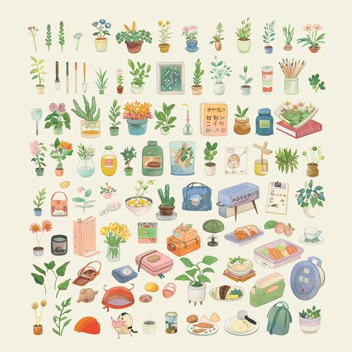 50 small items in daily life, stationery, potted plants, plants, clothing, flowers, grass, animals, accessories, characters, hands, simple background, bright colors, stickers, 8k-- niji 5