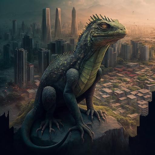 50 square kilometer basilisk laying on top of a city, visible from space, gigantic reptile