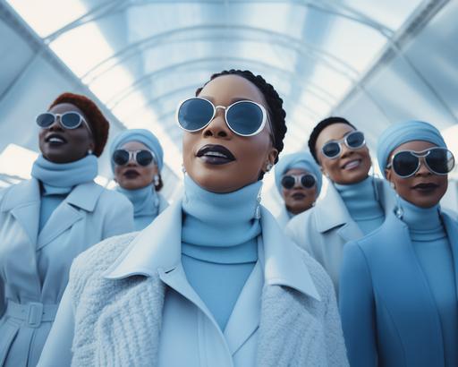 50 year old women in powder blue coats, powder blue hues, white hues, wearing white turtleneck shirts, sunglasses, laughing, in the style of afrofuturism-inspired, jessica drossin, photorealistic renderings, fatima ronquillo, baby blue and white themed, nene thomas, mono-ha, zeta phi beta sorority, confident, cool lighting --ar 5:4 --iw .5