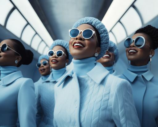 50 year old women in powder blue coats, powder blue hues, white hues, wearing white turtleneck shirts, sunglasses, laughing, in the style of afrofuturism-inspired, jessica drossin, photorealistic renderings, fatima ronquillo, baby blue and white themed, nene thomas, mono-ha, zeta phi beta sorority, confident, cool lighting --ar 5:4 --iw .5