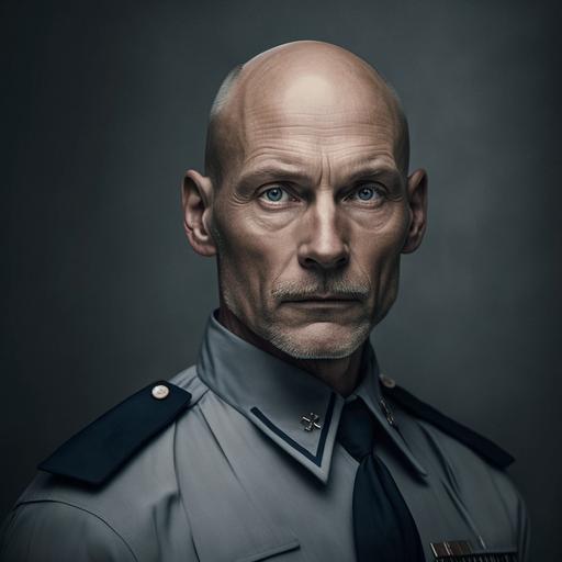 50 years old, man, grey custodian uniform, danish, shaved, bald