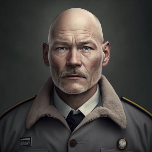 50 years old, man, grey custodian uniform, danish, shaved, bald