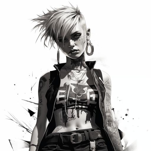 angry looking tank girl modern with face tattoo black and white full body comic noir
