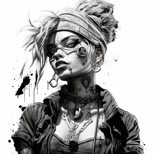 tank girl with face tattoos black and white comic noir