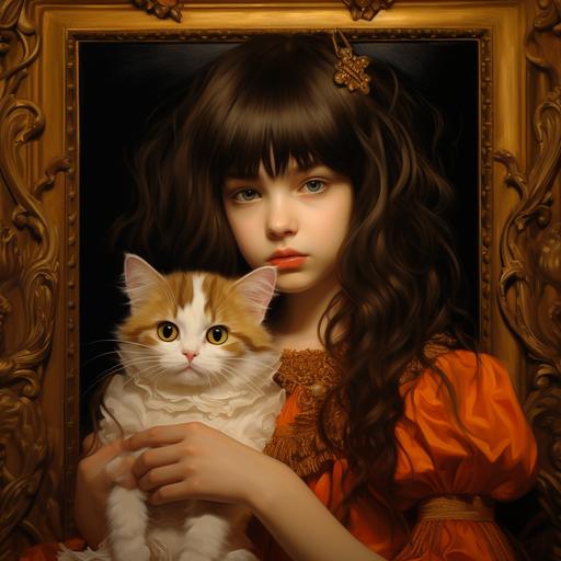 gold picture frame in Victorian style, picture inside the picture frame, picture of a brunette girl with hazel eyes, the girl is holding her orange and white cat, the cat has orange fur above the eyes and white in between the eyes, both cat and girl look happy, in the style of studio ghibli