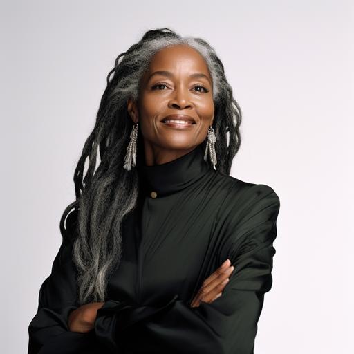 mature black woman with long grey hair, photography with white background, contemporary raw style. Reference for style: