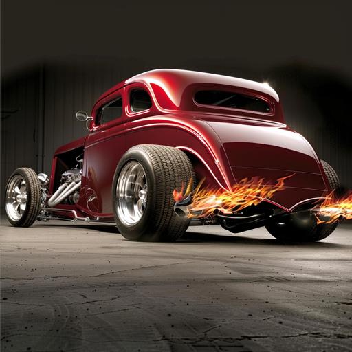 show a 1933 ford coupe as a hot rod with large back tires and flashy wheels and side exhaust pipes with flames coming out of them. car to be candy apple red with a raised back end. /symbolism --v 6.0