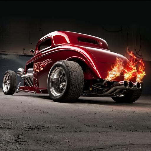 show a 1933 ford coupe as a hot rod with large back tires and flashy wheels and side exhaust pipes with flames coming out of them. car to be candy apple red with a raised back end. /symbolism