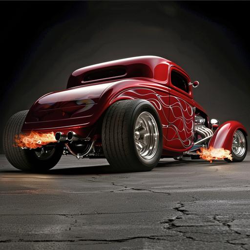 show a 1933 ford coupe as a hot rod with large back tires and flashy wheels and side exhaust pipes with flames coming out of them. car to be candy apple red with a raised back end. /symbolism --v 6.0