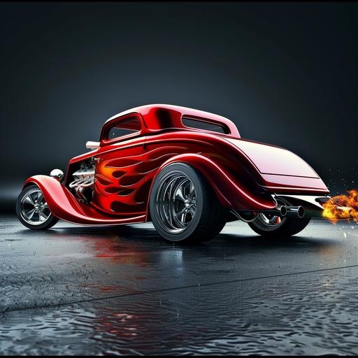 show a 1933 ford coupe as a hot rod with large back tires and flashy wheels and side exhaust pipes with flames coming out of them. car to be candy apple red with a raised back end. /symbolism