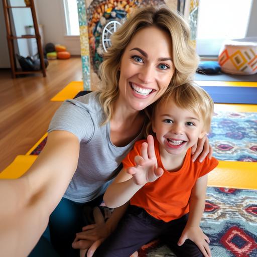 a happy mom doing a selfie with her child on her hand with blond brown hair and a yoga mat in the background